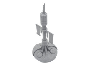 Grey 3D-printed sci-fi tower miniature with hanging banners and antenna, on a white background