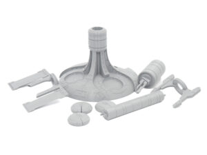 Grey 3D-printed plastic components for a sci-fi model kit arranged on a plain white background
