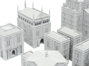Grey 3D-printed miniature gothic buildings with intricate details, designed for tabletop wargaming terrain