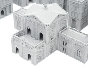 Grey 3D-printed gothic miniature building with detailed stone walls and arched doorways for tabletop gaming