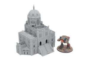 Grey 3D-printed gothic cathedral tabletop terrain model next to a painted miniature for scale