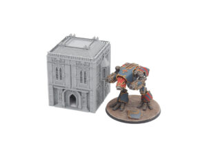 Grey 3D printed gothic building miniature shown next to a painted sci-fi mech figure for tabletop gaming scale