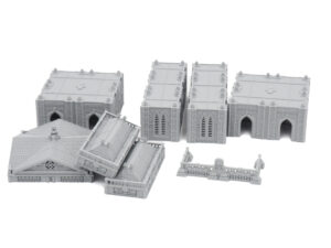 Grey 3D-printed gothic miniature building terrain and fence pieces for tabletop gaming, on a white background