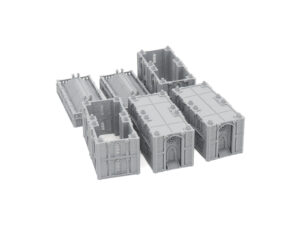 Unpainted grey 3D-printed modular Gothic terrain pieces for tabletop wargaming, arranged on a white background