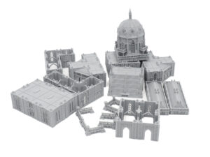 Modular grey 3D printed Gothic cathedral miniature terrain pieces for tabletop gaming, on a plain white background