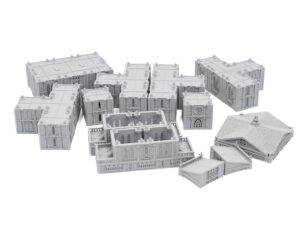 Grey 3D-printed modular gothic building terrain pieces for tabletop gaming, arranged on a white background