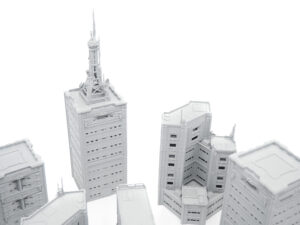 Grey 3D-printed miniature skyscrapers and buildings for tabletop gaming terrain, shot on a white background