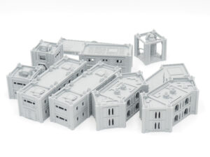 Modular grey 3D-printed sci-fi miniature buildings for tabletop gaming on a white background