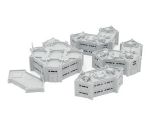 Grey 3D-printed modular sci-fi building terrain miniatures for tabletop gaming, arranged on a white background