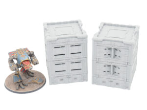 Two grey 3D-printed modular sci-fi buildings shown alongside a painted mech figurine for size comparison