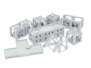 Modular grey 3D-printed miniature industrial structures and walkways for tabletop sci-fi gaming