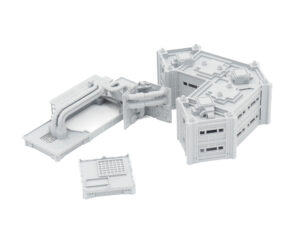 Grey 3D-printed sci-fi modular building and industrial pipe terrain pieces for tabletop gaming