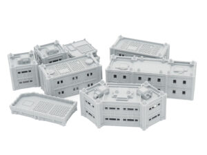Grey 3D-printed modular sci-fi terrain and building miniatures for tabletop wargaming