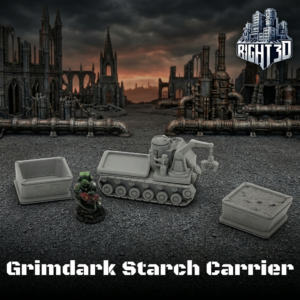 Grey 3D-printed Grimdark Starch Carrier miniature vehicle with crane and two bins, next to a sci-fi soldier for scale