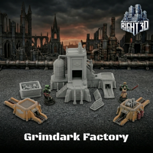 Grimdark Factory 3D-printed tabletop terrain set with industrial buildings, conveyors, and miniatures