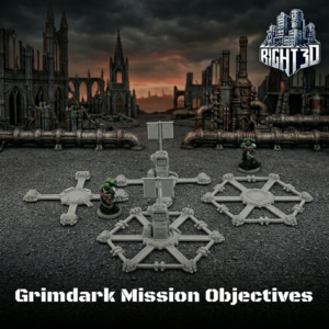 Grimdark tabletop wargaming objective markers displayed with miniature soldiers on a ruined sci-fi battlefield