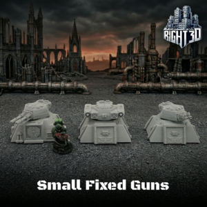 Three grey 3D-printed miniature fixed gun turrets shown with a painted sci-fi soldier figure for scale