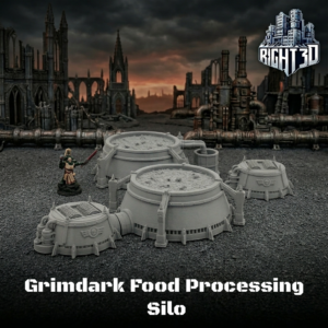 Unpainted grey 3D-printed Grimdark Food Processing Silo tabletop miniature terrain set shown with scale figure