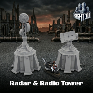 Grey 3D-printed tabletop terrain of a radio tower and radar dish, with a miniature biker for scale