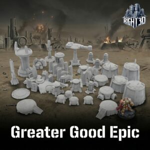 Grey 3D-printed sci-fi tabletop terrain miniatures, including towers and bunkers, from the Greater Good Epic set