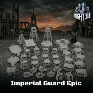 Grey 3D printed Imperial Guard Epic tabletop terrain miniatures arranged against a ruined sci-fi background