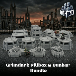 Grimdark Pillbox & Bunker Bundle 3D printed sci-fi wargaming terrain set against a ruined gothic city background