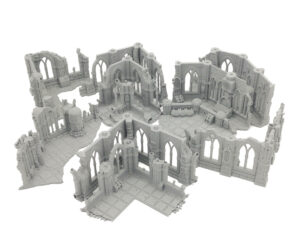 Modular grey 3D-printed gothic ruin terrain pieces featuring arched windows and textured tiled floors