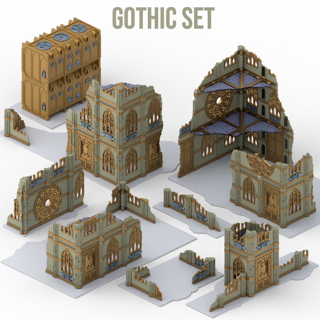 3D-printed Gothic Set wargaming terrain featuring modular ruined cathedral buildings, walls, and industrial containers
