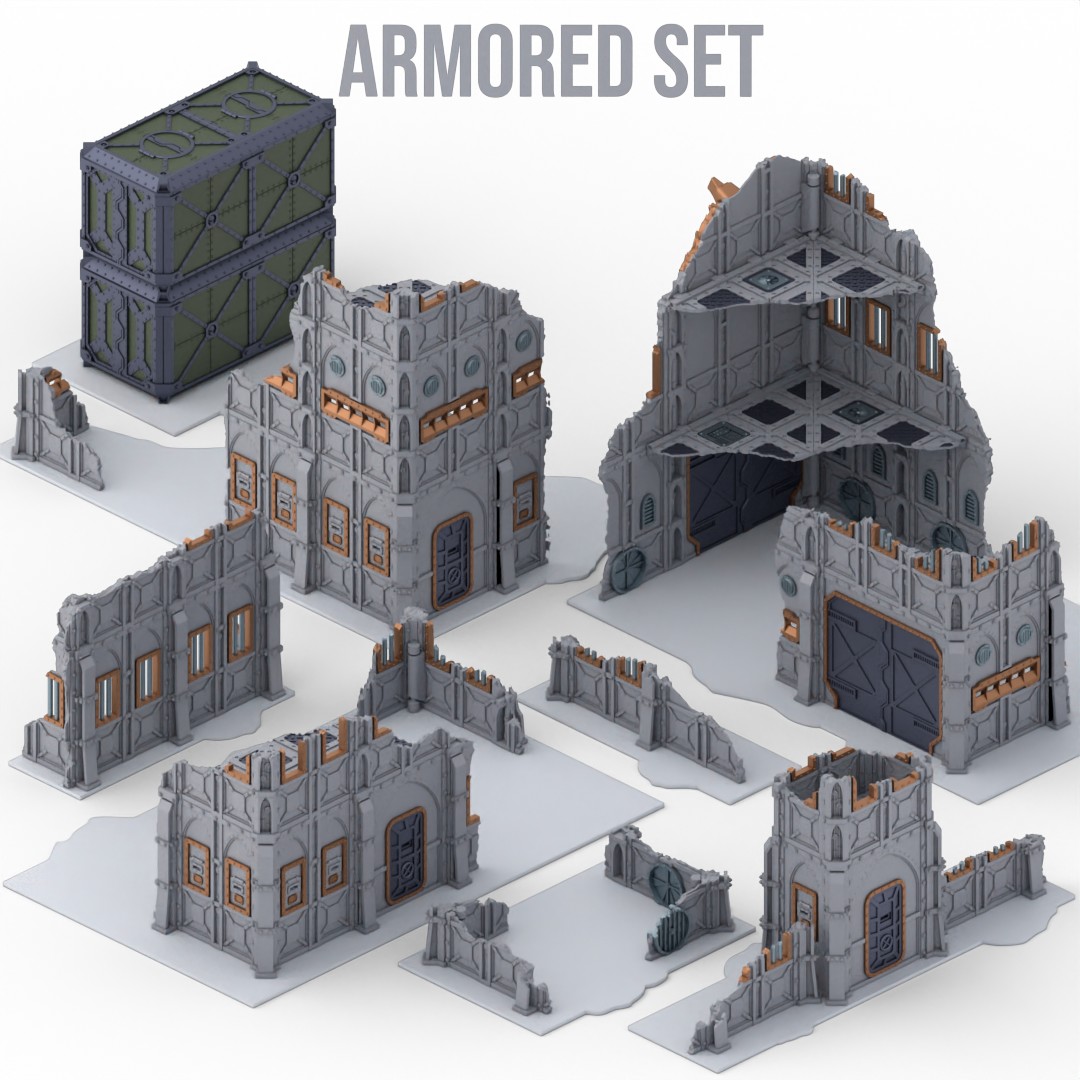 Armored Set 3D-printed tabletop terrain with sci-fi ruined buildings, barricades, and stacked cargo containers