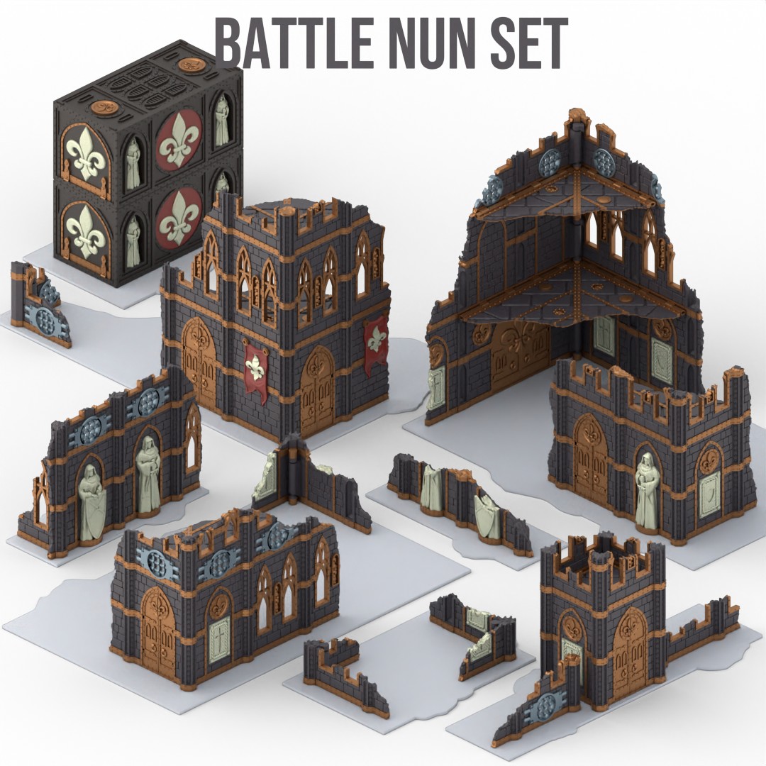 Battle Nun Set gothic ruined terrain pieces and walls for tabletop gaming, featuring fleur-de-lis motifs and statues