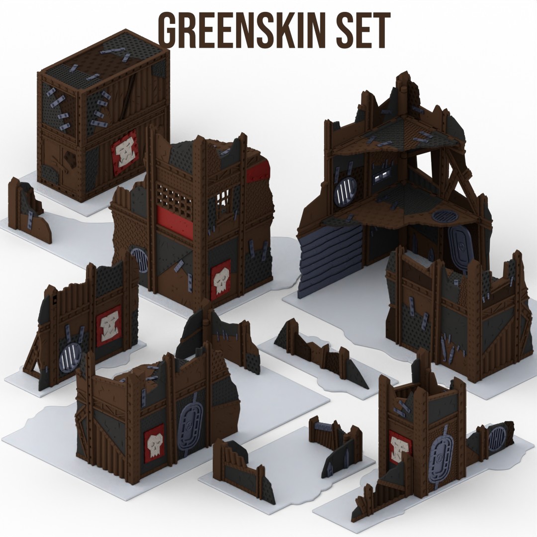 Greenskin Set tabletop miniature terrain with ruined scrap-metal buildings, fortified towers, and barricades
