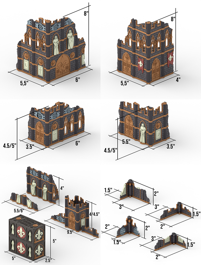 Modular gothic building terrain set showing various ruined structures with key dimensions marked in inches