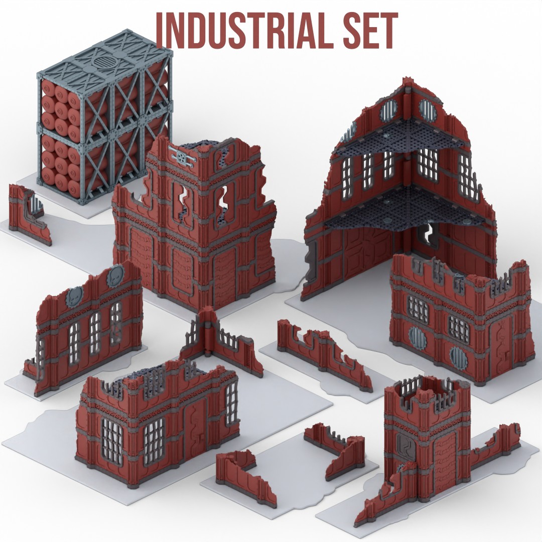 Industrial Set tabletop wargaming terrain featuring modular 3D-printed ruined factory buildings, walls, and storage tanks