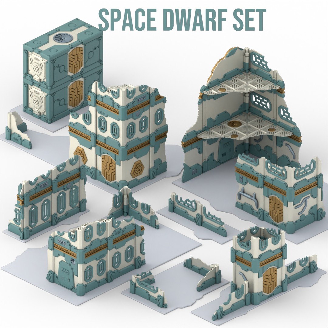 Space Dwarf Set modular tabletop wargaming terrain featuring sci-fi ruined buildings, walls, and structures