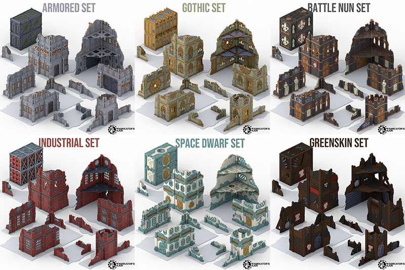 Overview of six themed tabletop terrain sets: Armored, Gothic, Battle Nun, Industrial, Space Dwarf, and Greenskin