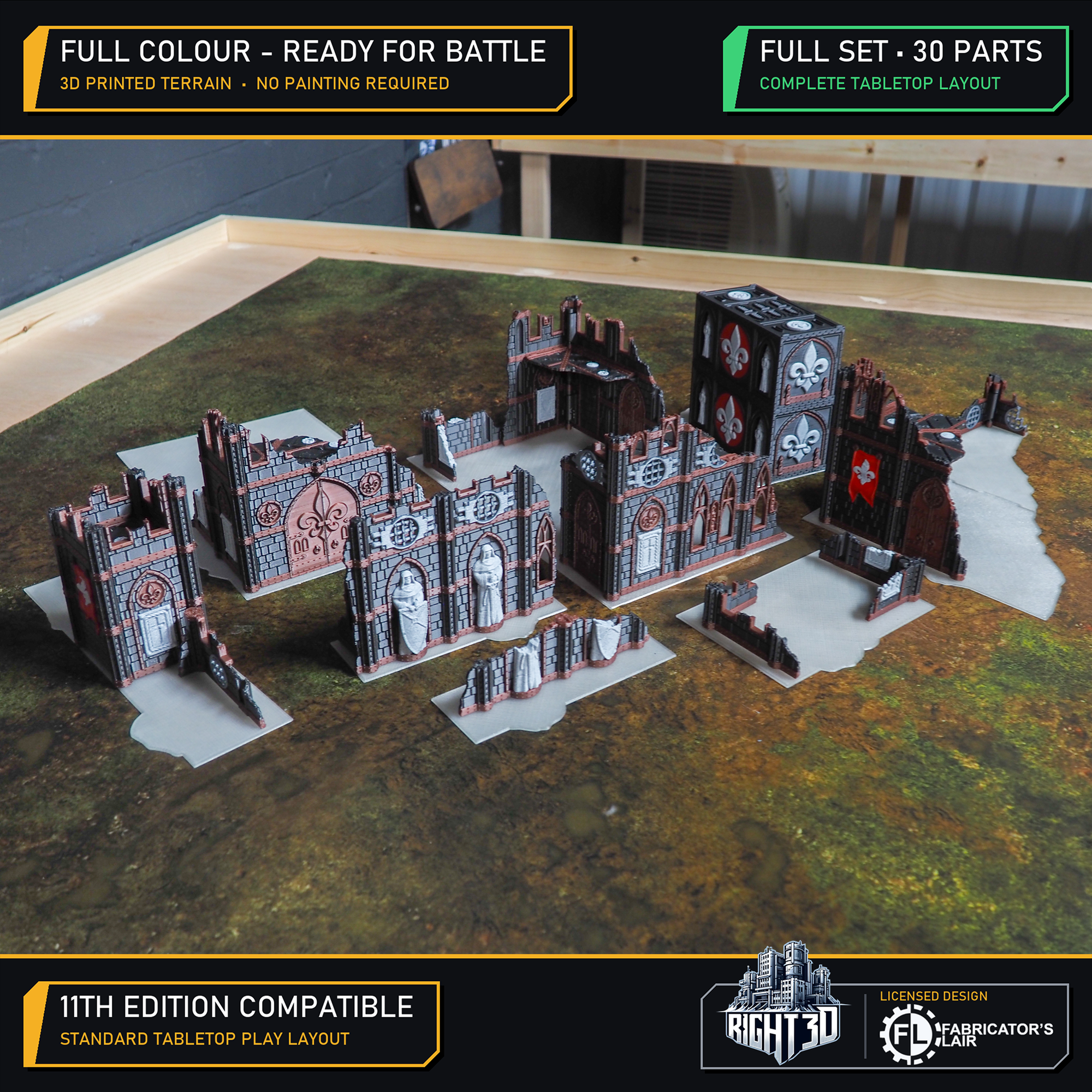 Full 30-piece pre-coloured 3D-printed gothic ruin terrain set arranged across a gaming mat