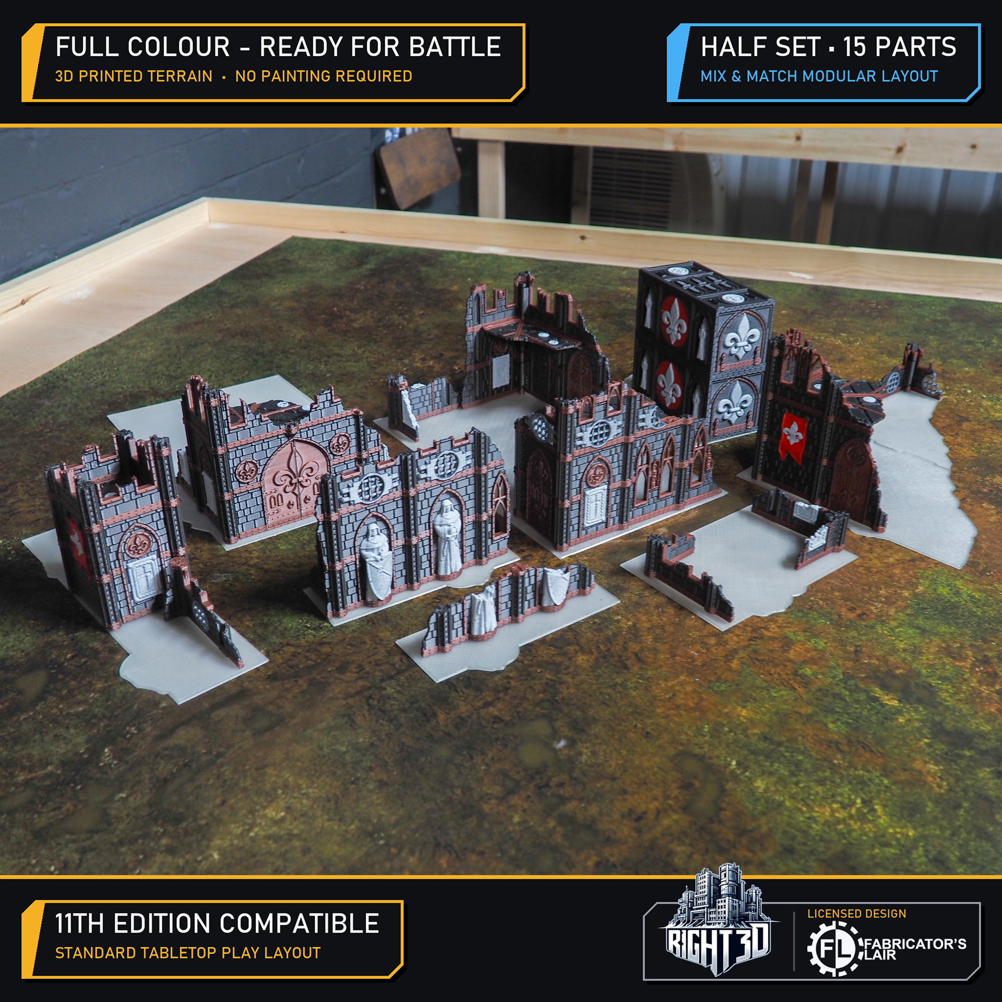 15-piece full-colour 3D printed gothic terrain half set arranged for tabletop wargaming on a battle mat