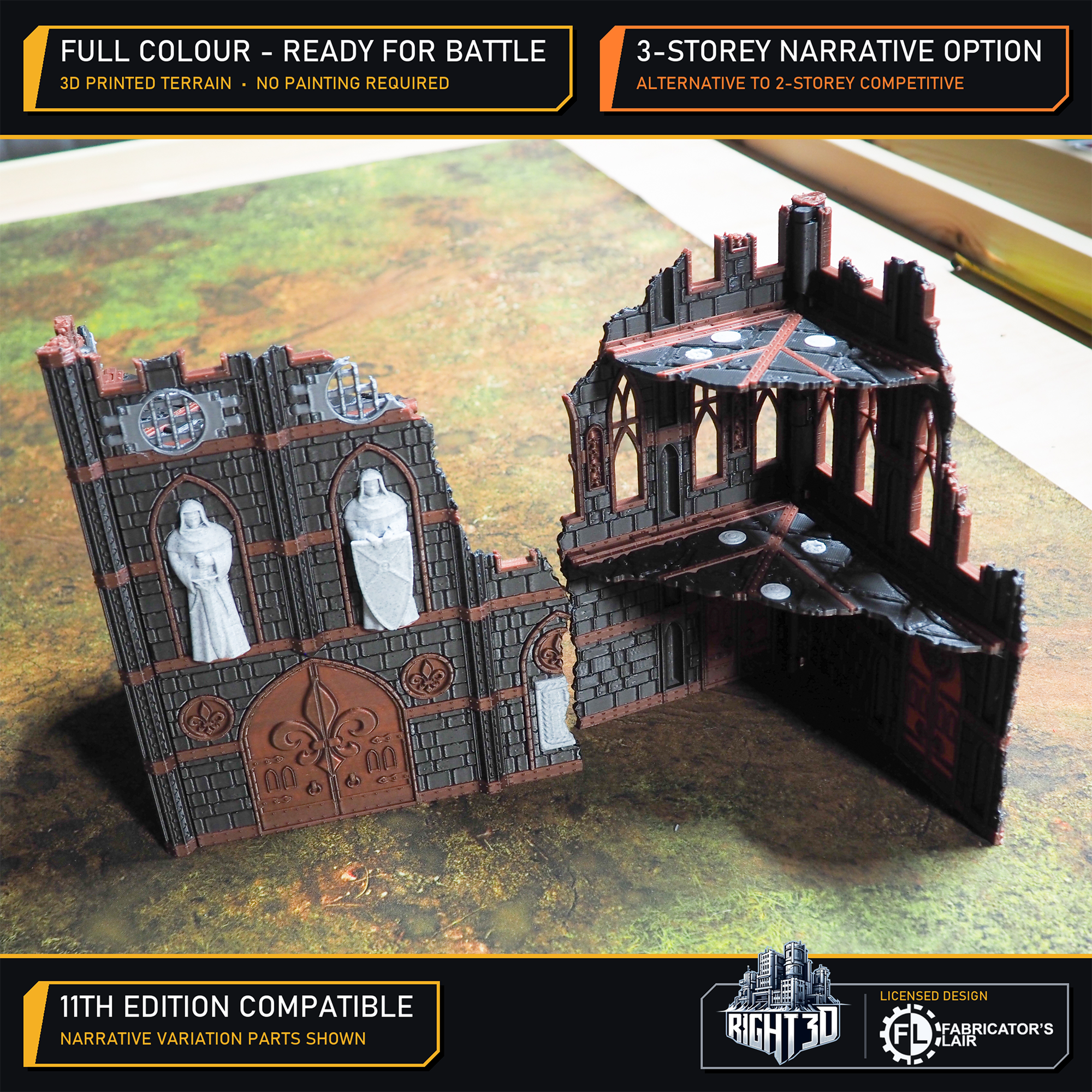 Pre-coloured 3D-printed three-storey gothic ruin terrain piece for tabletop wargaming