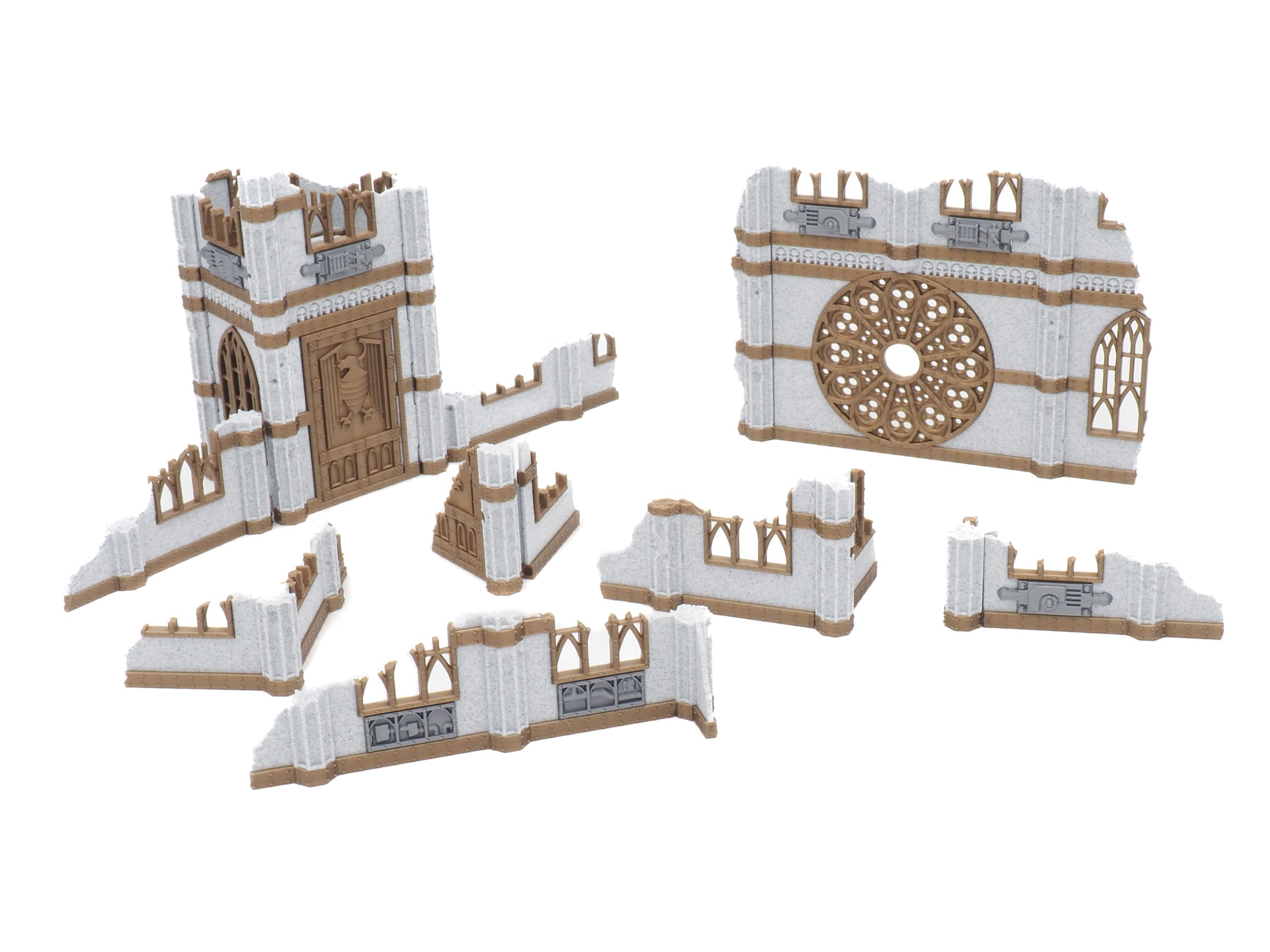 3D-printed ruined Gothic cathedral terrain set with broken stone walls and a rose window for tabletop gaming