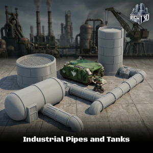 Unpainted grey 3D-printed industrial terrain kit with pipes and tanks, shown with tabletop miniatures for scale