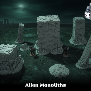 Set of 3D-printed alien monolith terrain miniatures featuring textured grey pillars and cubes