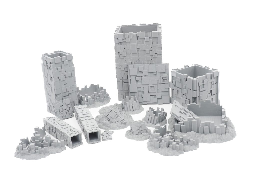 Grey 3D-printed sci-fi terrain set featuring textured buildings, towers, and ruined rubble pieces