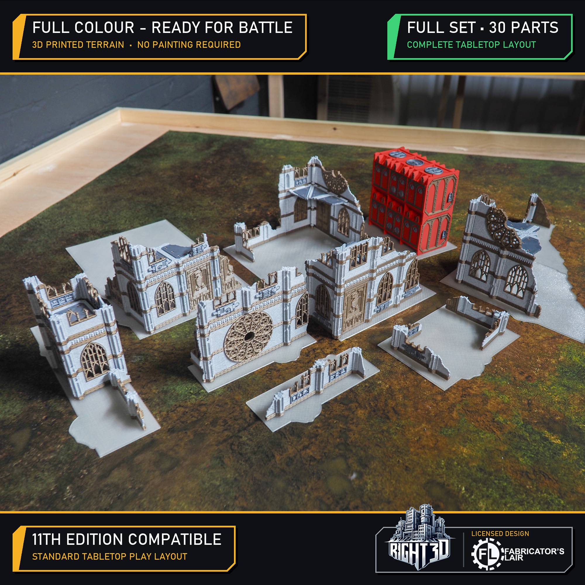 Full 30-piece pre-coloured 3D printed Gothic ruin terrain set arranged in a standard wargaming layout