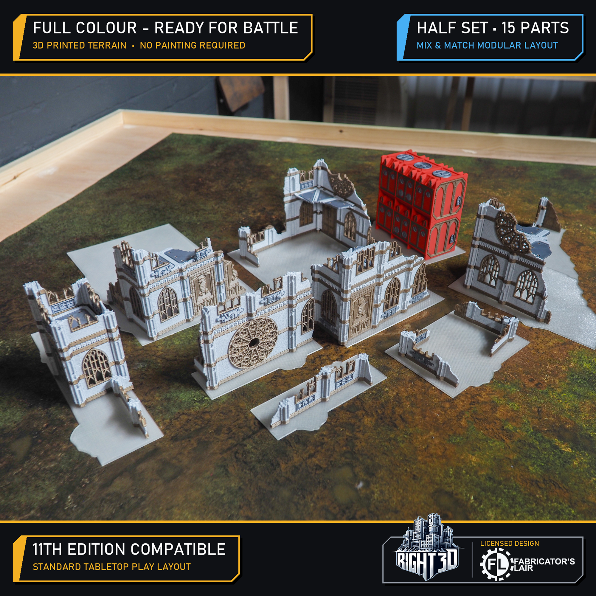 Full-colour 3D printed gothic ruins tabletop terrain half-set of 15 modular pieces arranged on a gaming mat