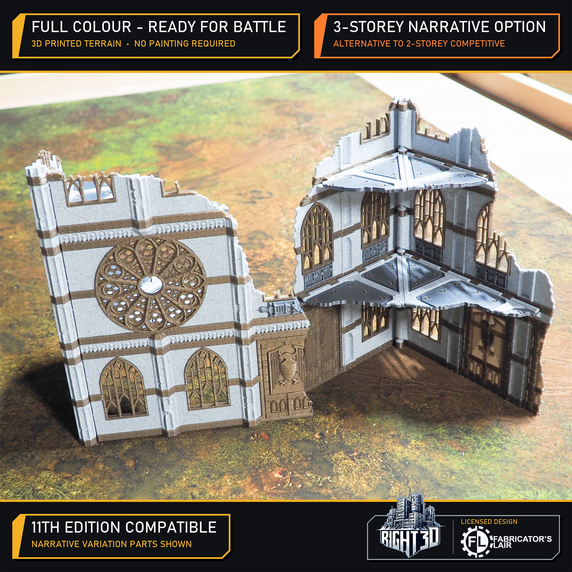 Full-colour 3-storey ruined gothic cathedral terrain piece with arched windows and platforms for tabletop gaming