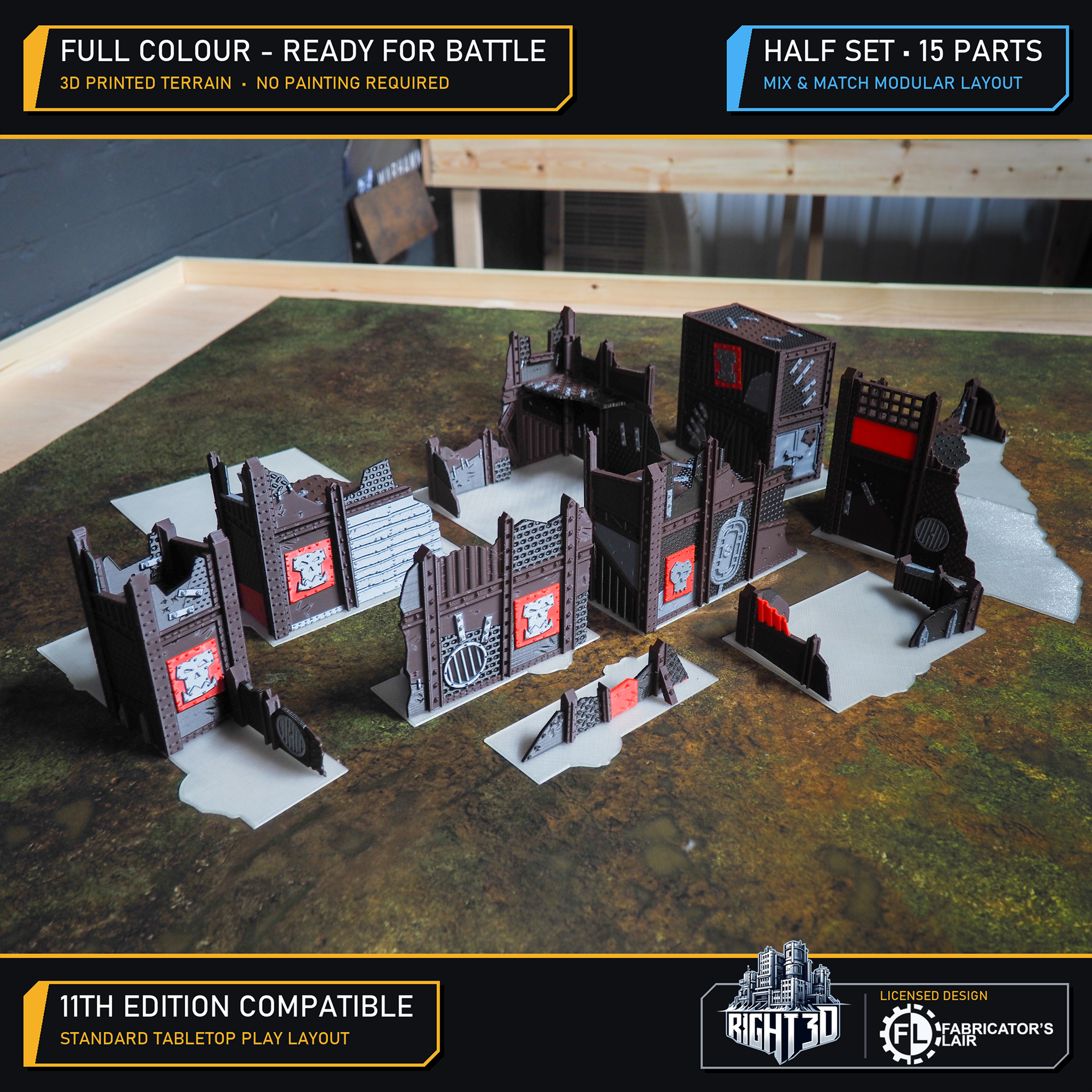 Fifteen-piece modular 3D-printed full-colour wargaming terrain half set arranged on a battle mat