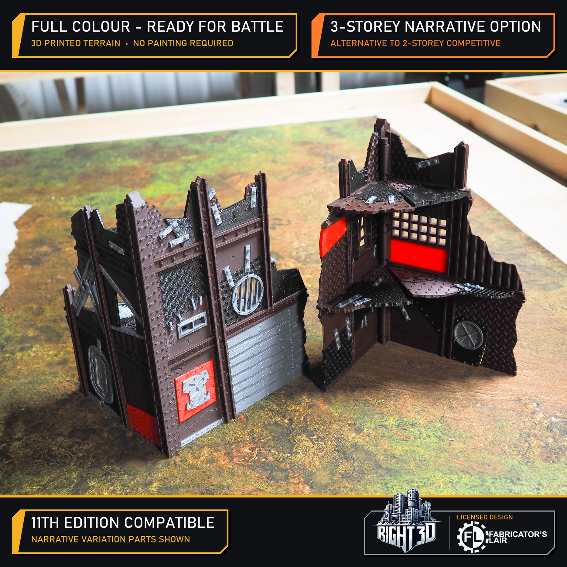 Full-colour 3D-printed three-storey ruined sci-fi wargaming terrain building, showing exterior and interior views
