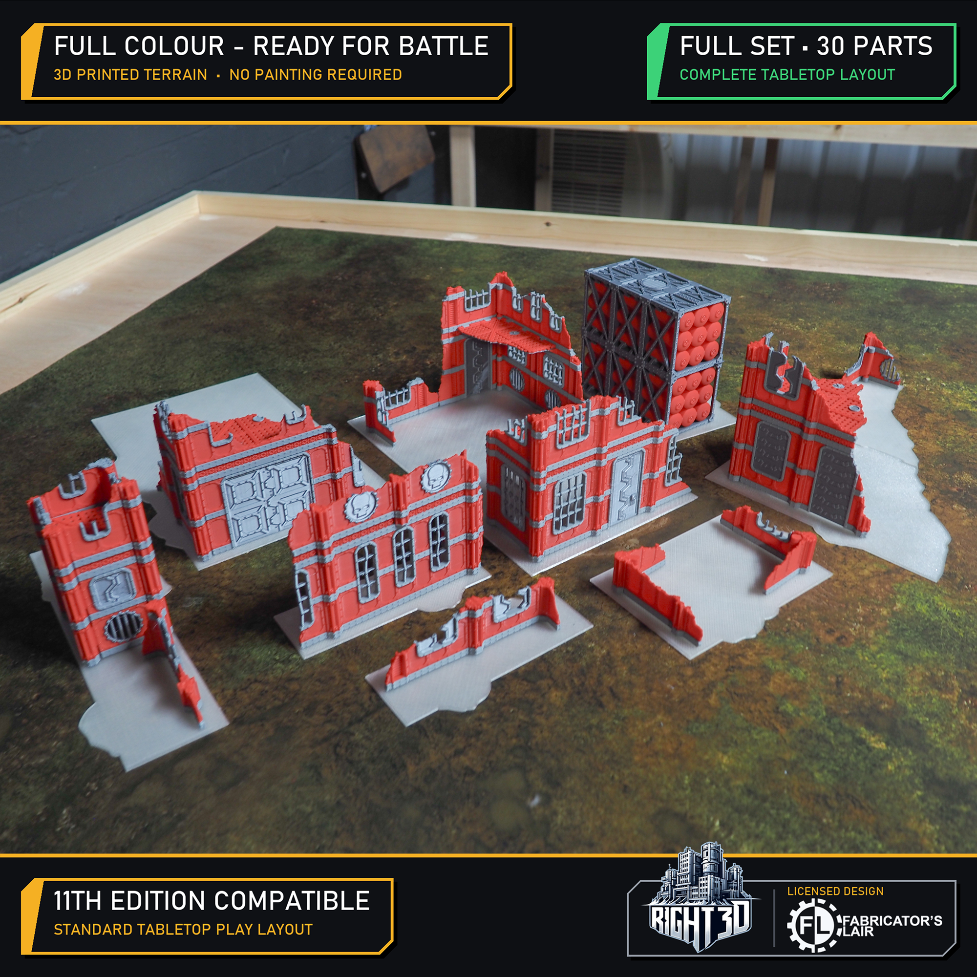 30-piece full-colour 3D-printed tabletop gaming terrain set featuring ruined sci-fi buildings on a battle mat