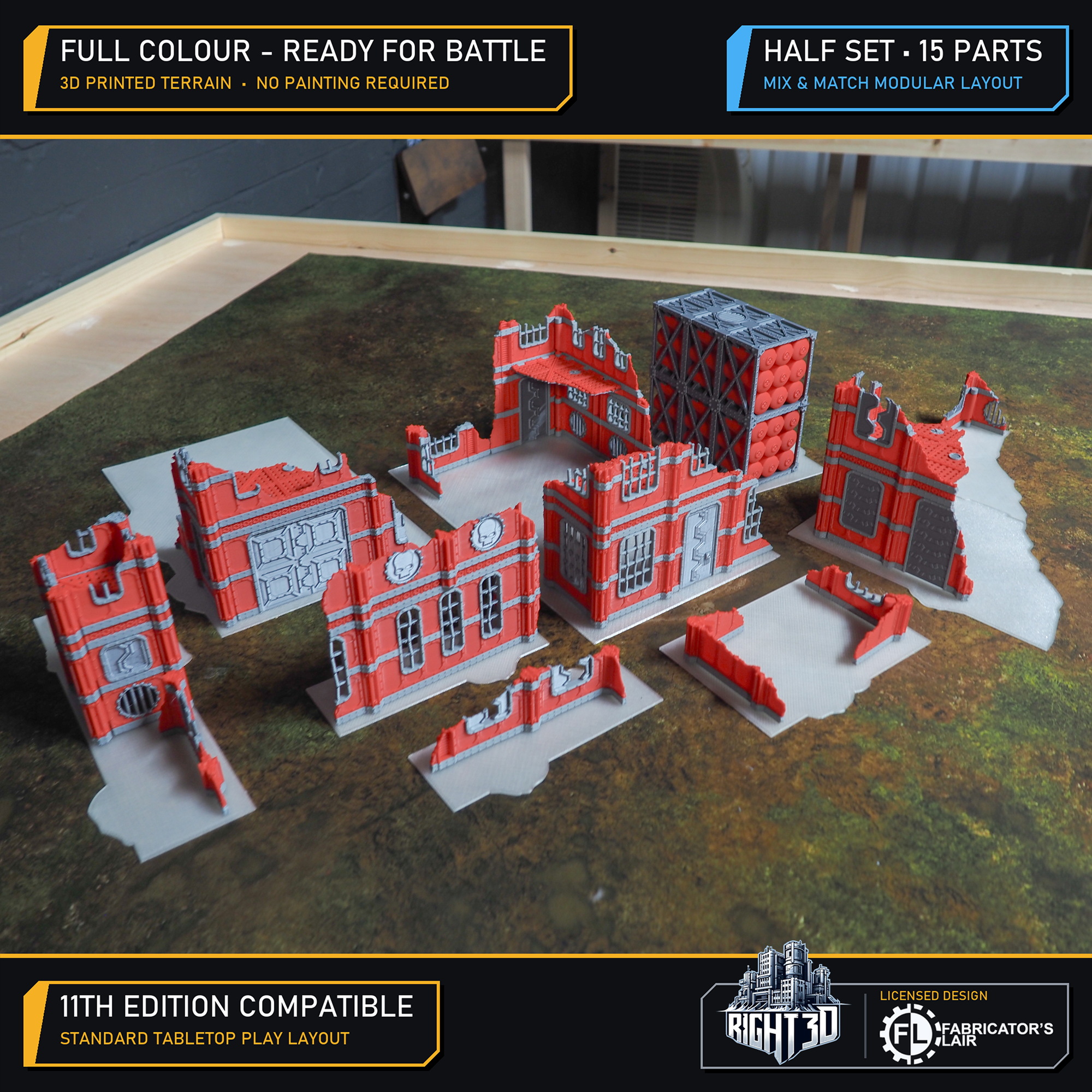 15-piece modular 3D-printed red and grey sci-fi ruined terrain set arranged on a tabletop battle mat