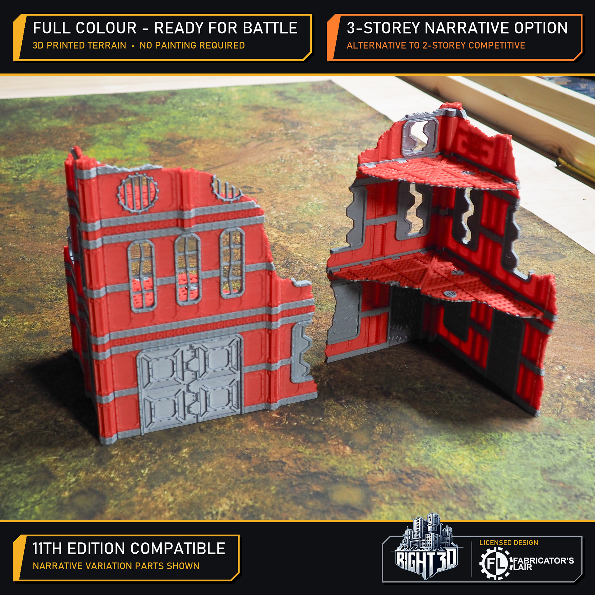 Full-colour 3D-printed three-storey ruined building terrain for tabletop wargaming